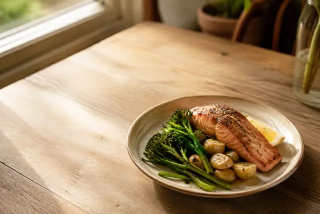 A plated restaurant meal with vegetables on a table in warm daylight.