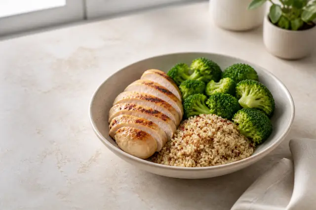 A wide shallow bowl of grilled chicken, steamed broccoli, and quinoa on a bright kitchen counter.