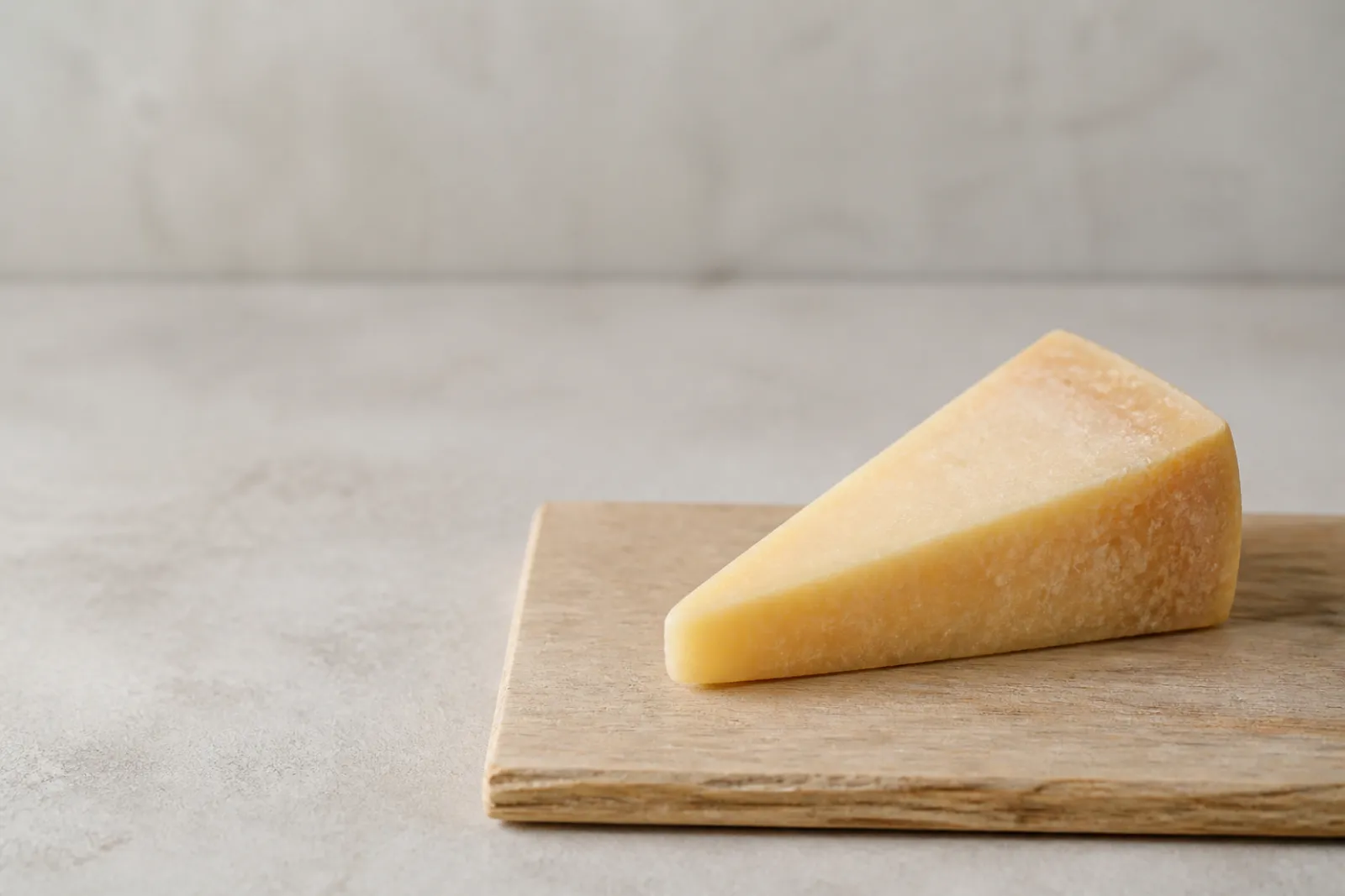A wedge of hard cheese on a plain wooden board in soft daylight.
