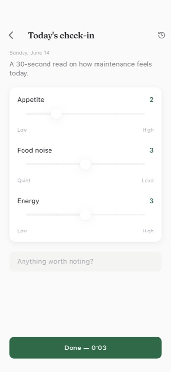 OffRamp daily check-in with sliders for appetite, food noise, and energy, and a Done button showing an elapsed timer.